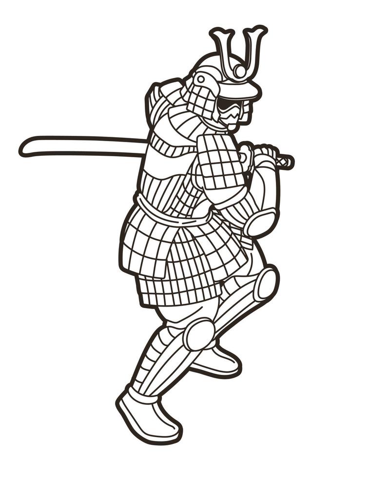 Guerrero samurai con espada listo para luchar contra la acción. vector