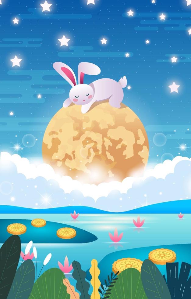 Mid Autumn Festival With Rabbit Sleeping On The Moon vector