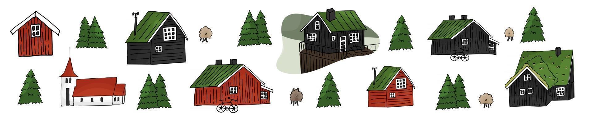 Set of wooden red and black scandinavian icelandic houses vector