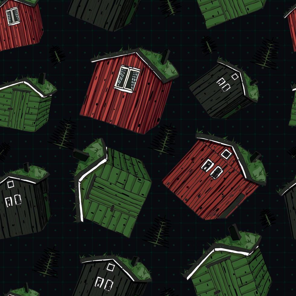 casas de madera rojas, verdes y negras de colores escandinavos vector
