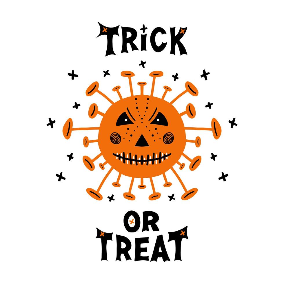 Halloween coronavirus bacteria with scary face and trick or treat vector