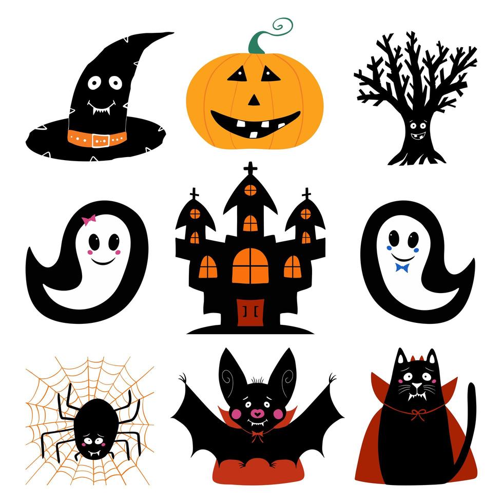 jack o lantern, sombrero de bruja, árbol, fantasma, castillo, murciélago, gato, conjunto de araña vector