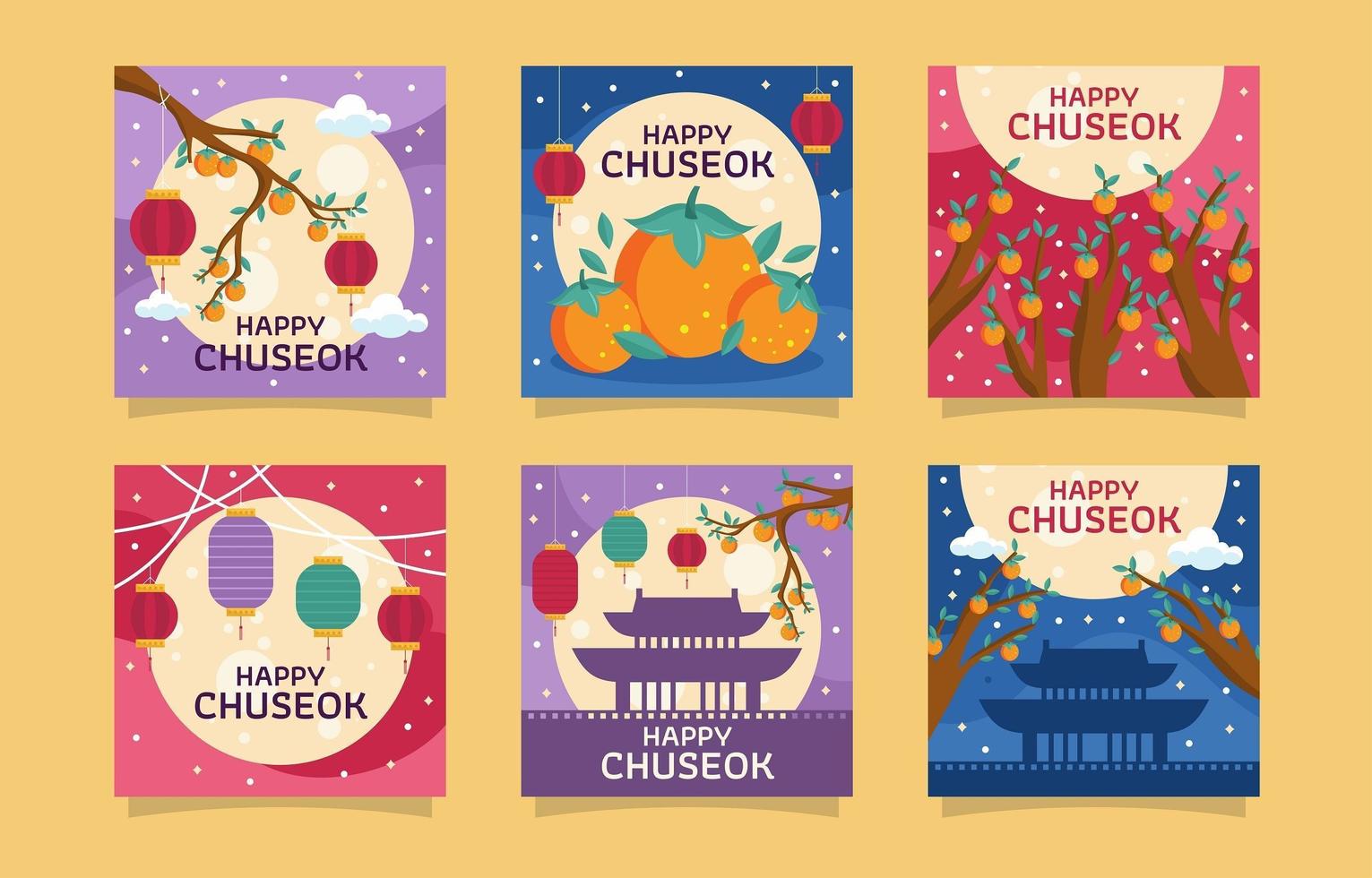 feliz festival de chuseok colorido conjunto de tarjetas vector