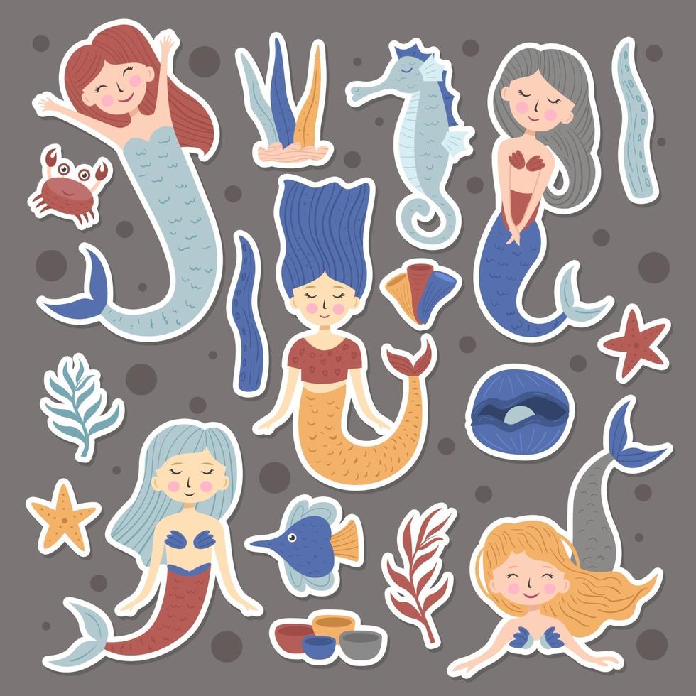 Set Of Cute Mermaids Stickers vector