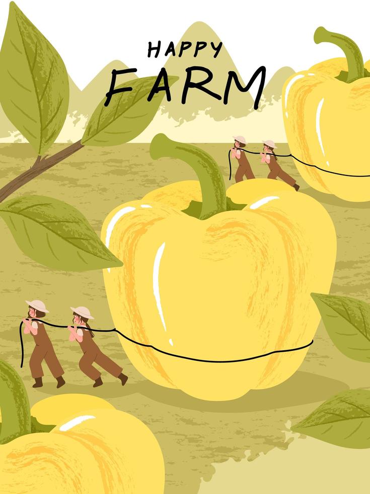 personajes de dibujos animados de granjero con ilustración de cartel de cosecha de pimiento vector