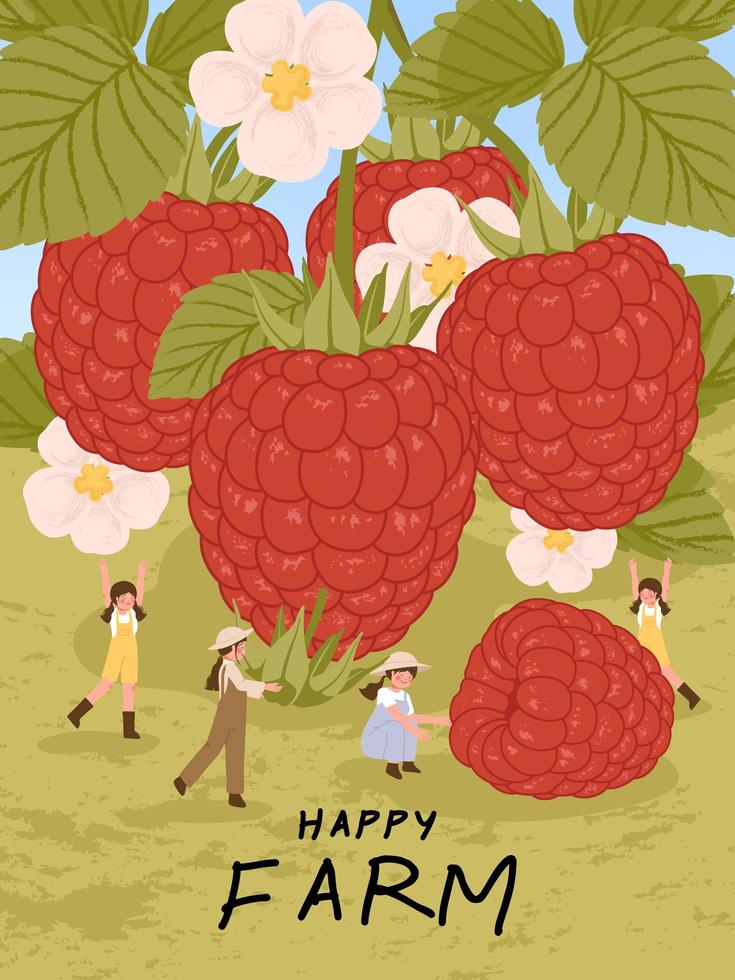 personajes de dibujos animados con ilustración de cartel de cosecha de frutas de frambuesa vector