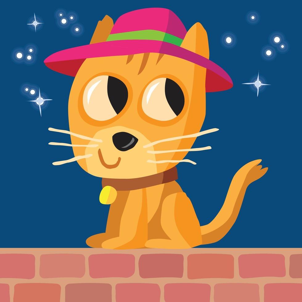 Cat in a hat sitting on a wall at night time vector