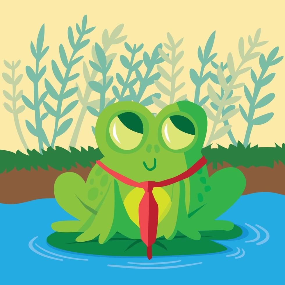 Frog with a red tie on a lily pad with reeds vector