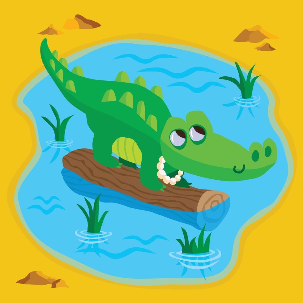 Cute crocodile on a log in a pond vector