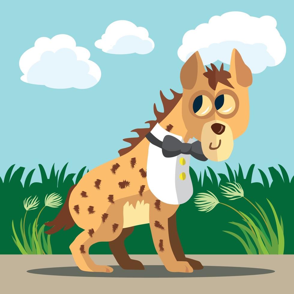 Hyena in shirt front and bow tie in front of reeds and grass vector