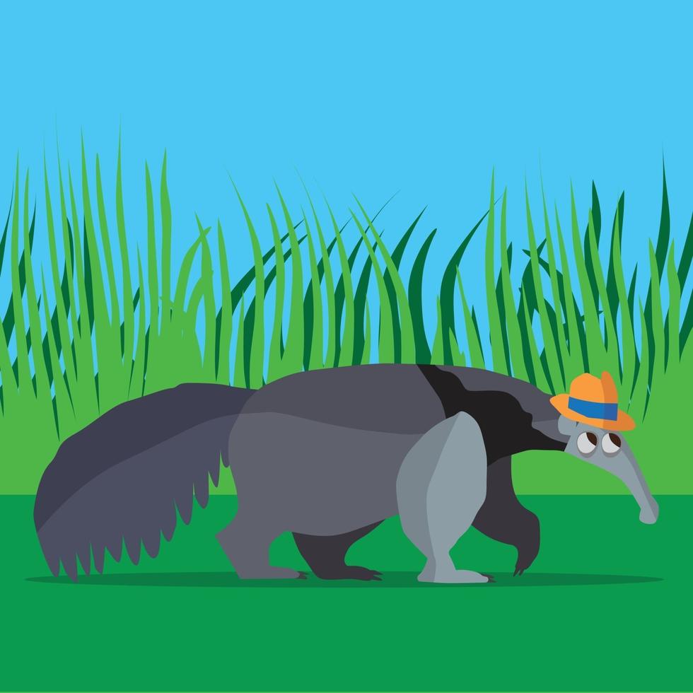 A cute anteater walking through the grassland wearing his trilby hat vector