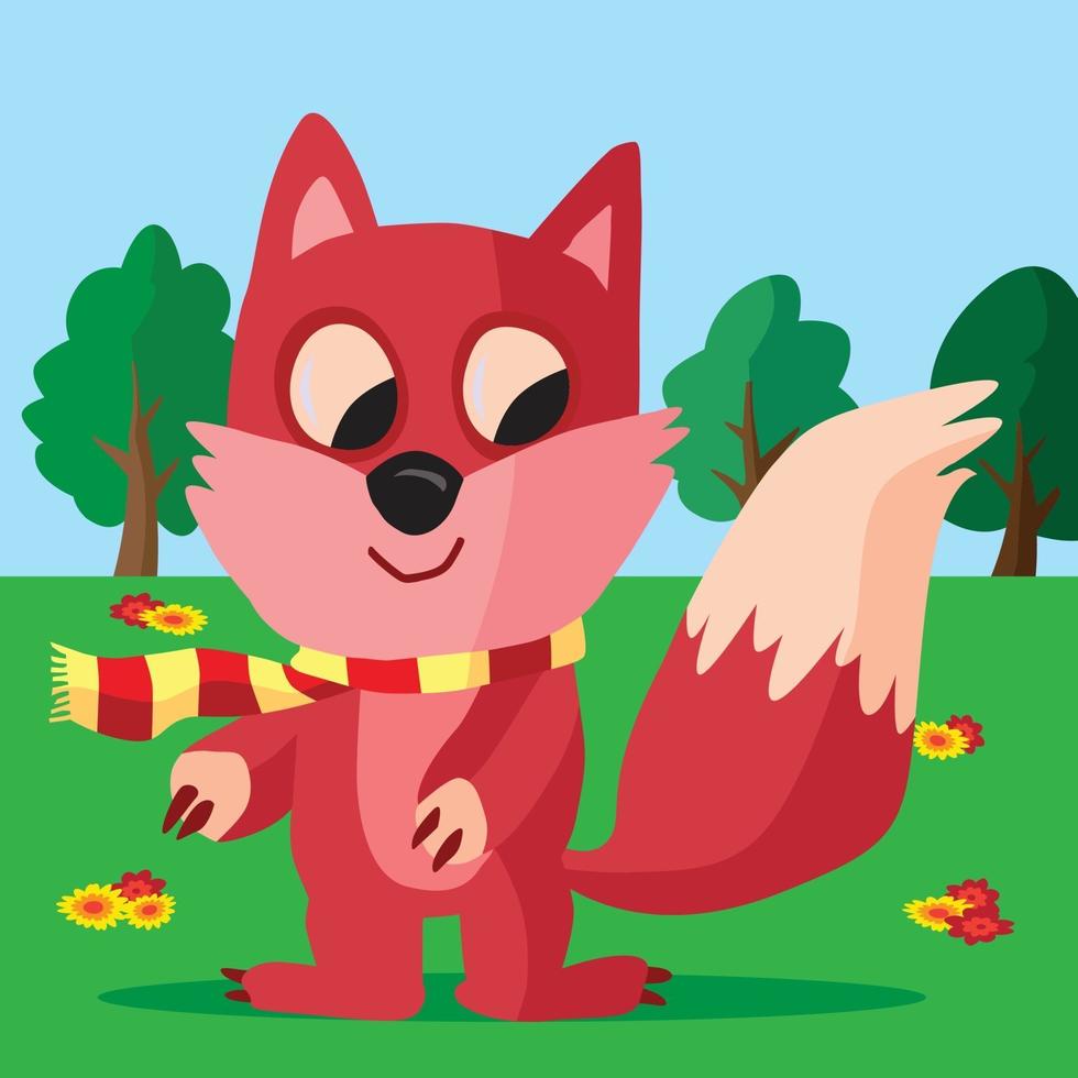 Fox vistiendo una bufanda a rayas en un campo con árboles y flores. vector