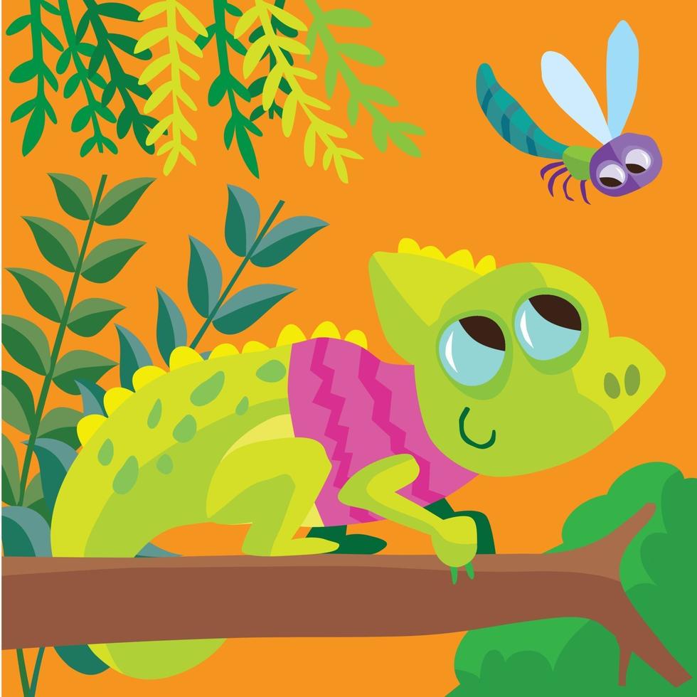 Camaleón en una camiseta en la rama de un árbol mirando una libélula vector