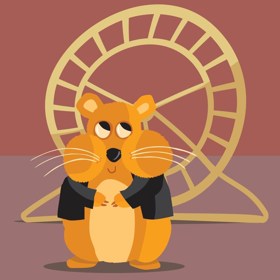 Hamster in black jacket in front of hamster wheel vector