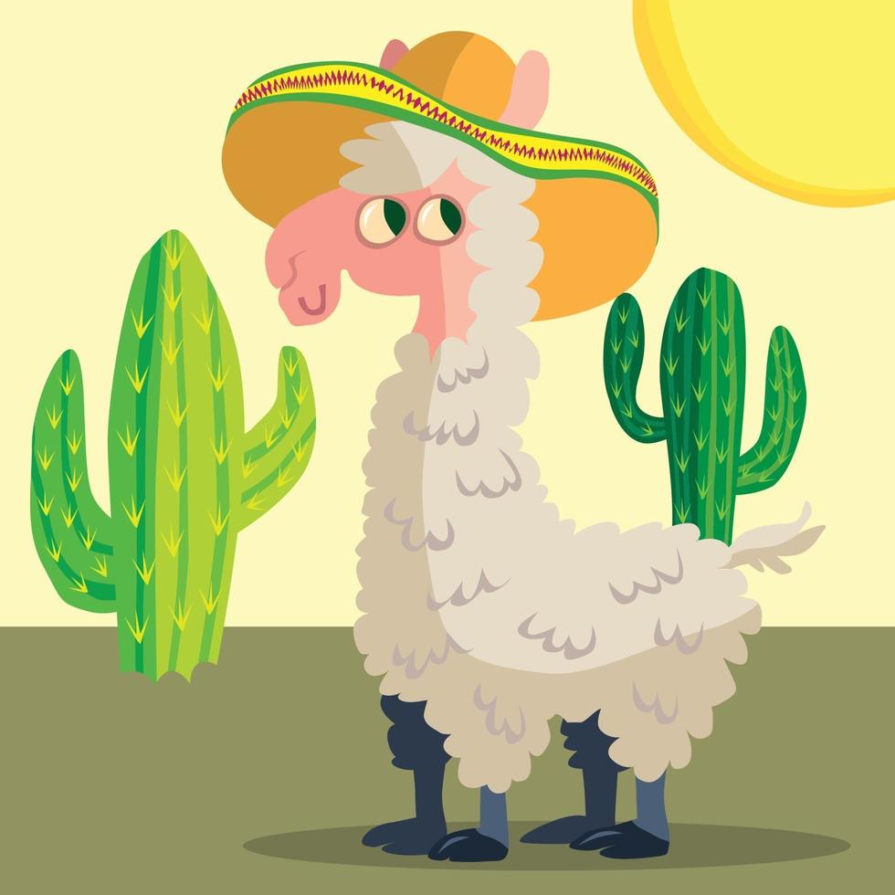 Llama in a wide-brimmed hat with cactus in the background vector