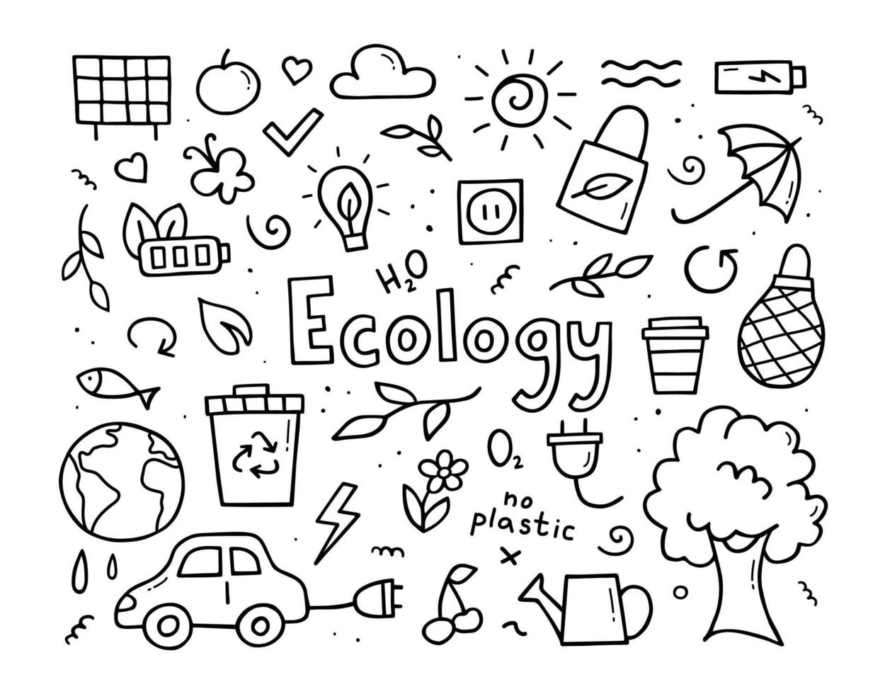 Hand drawn set of ecology. Eco in doodle style. Vector illustration.