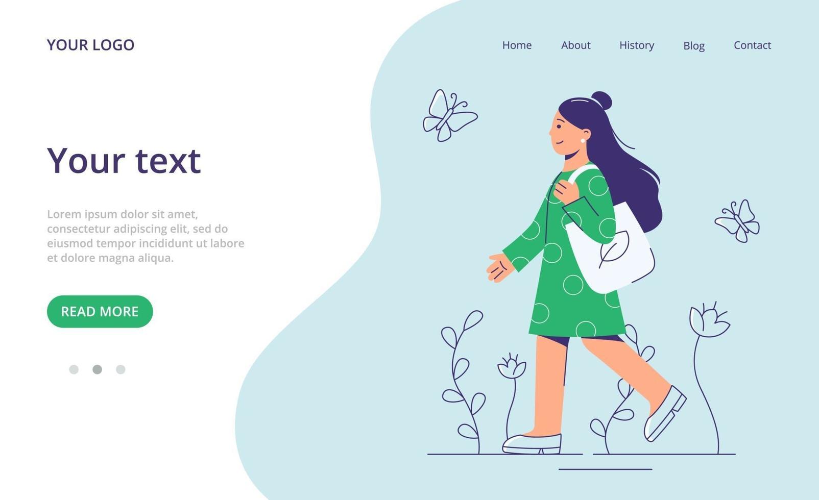 Girl going with eco bag.  Eco friendly concept. Landing page template. vector