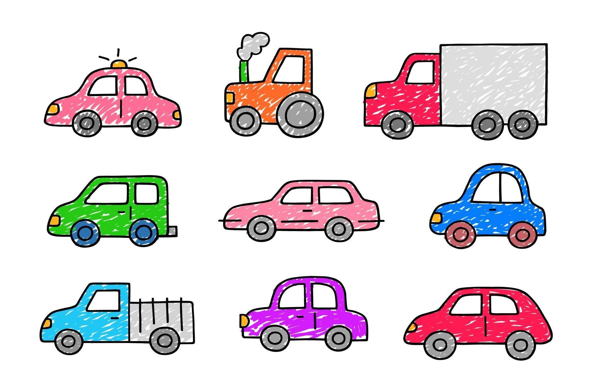 Hand drawn cute cars. Set of transport icons in doodle sketch style