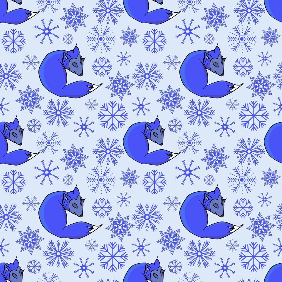 Cute sleeping Fox in the winter with snowflakes. Seamless pattern. vector