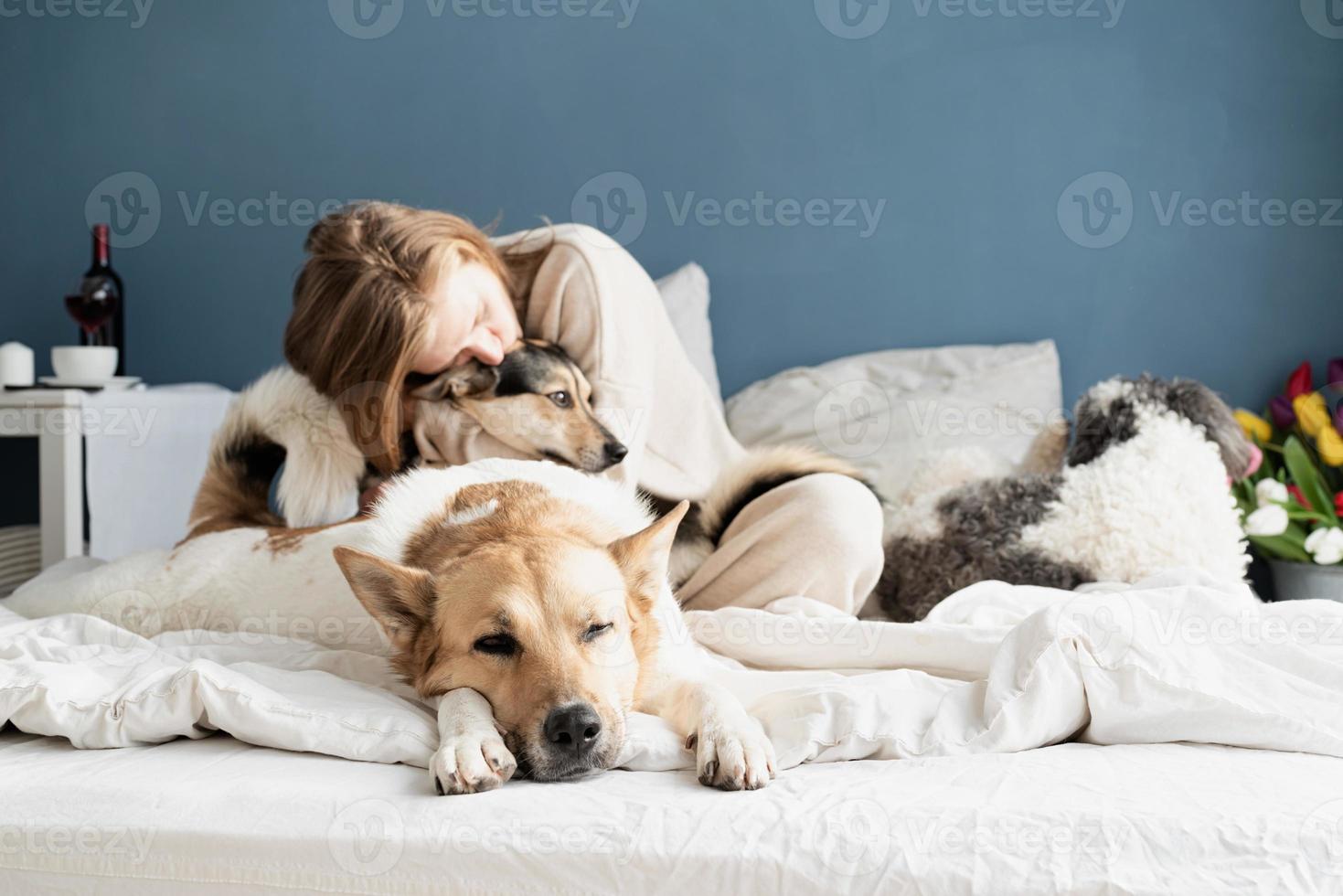 Mujer joven sentada en la cama jugando con sus perros, se centran en el perro foto