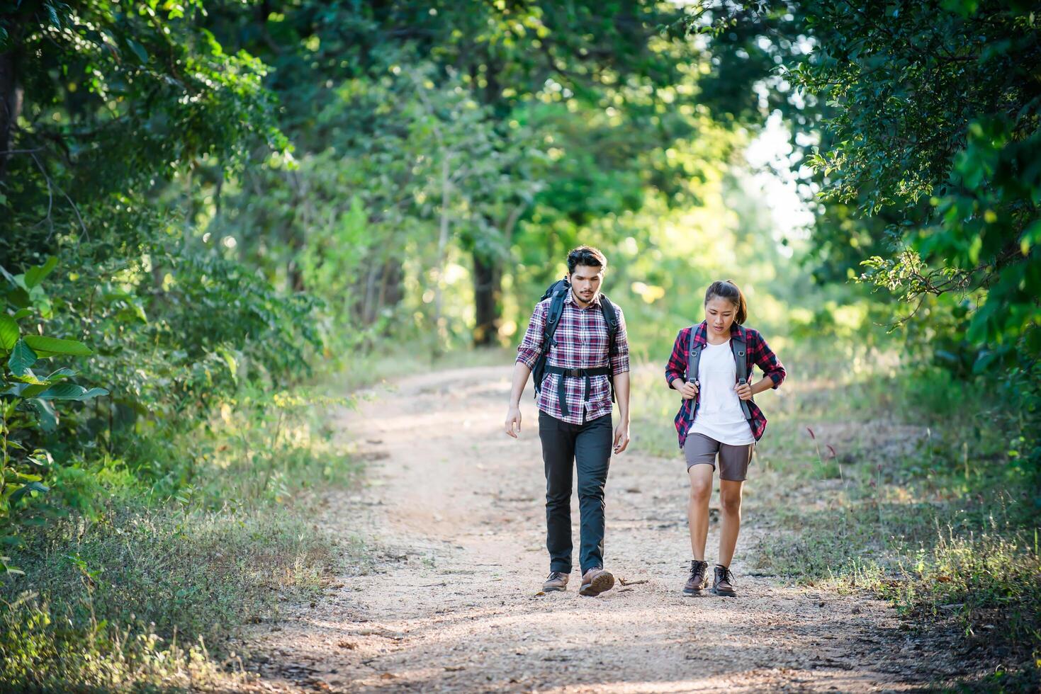 pareja joven caminando con mochilas en el bosque. caminatas de aventura. foto
