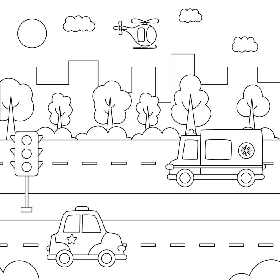Black and white city landscape with cartoon transportation. vector