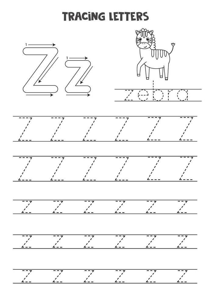 Tracing letters of English alphabet. Black and white worksheet. vector