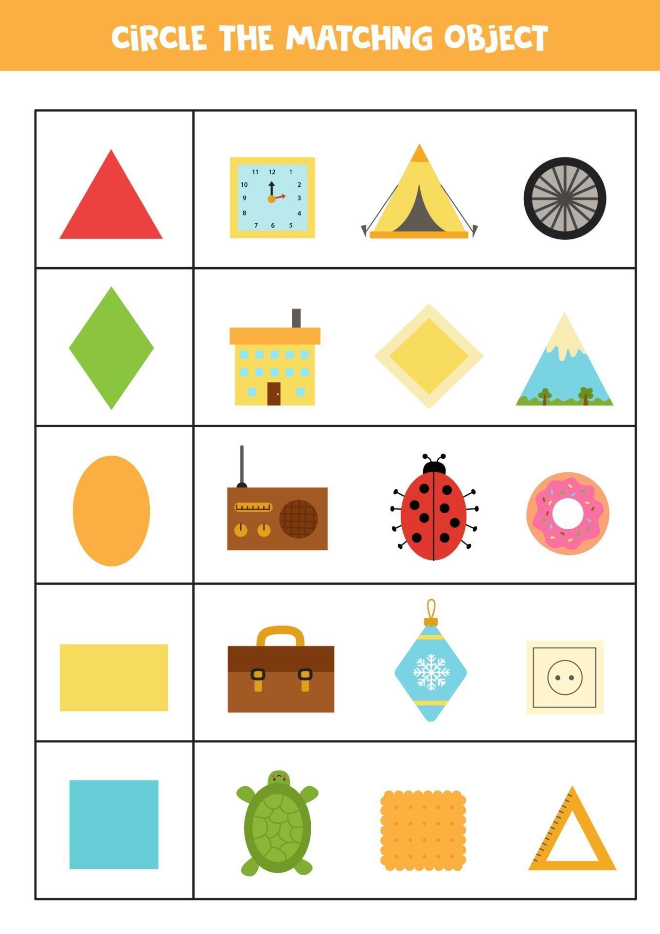 Worksheet for learning geometrical shapes. Matching objects. 3094911