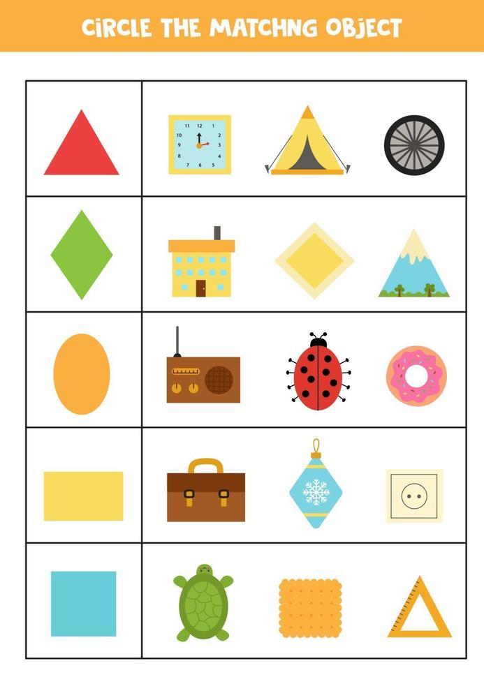 Worksheet for learning geometrical shapes. Matching objects. vector