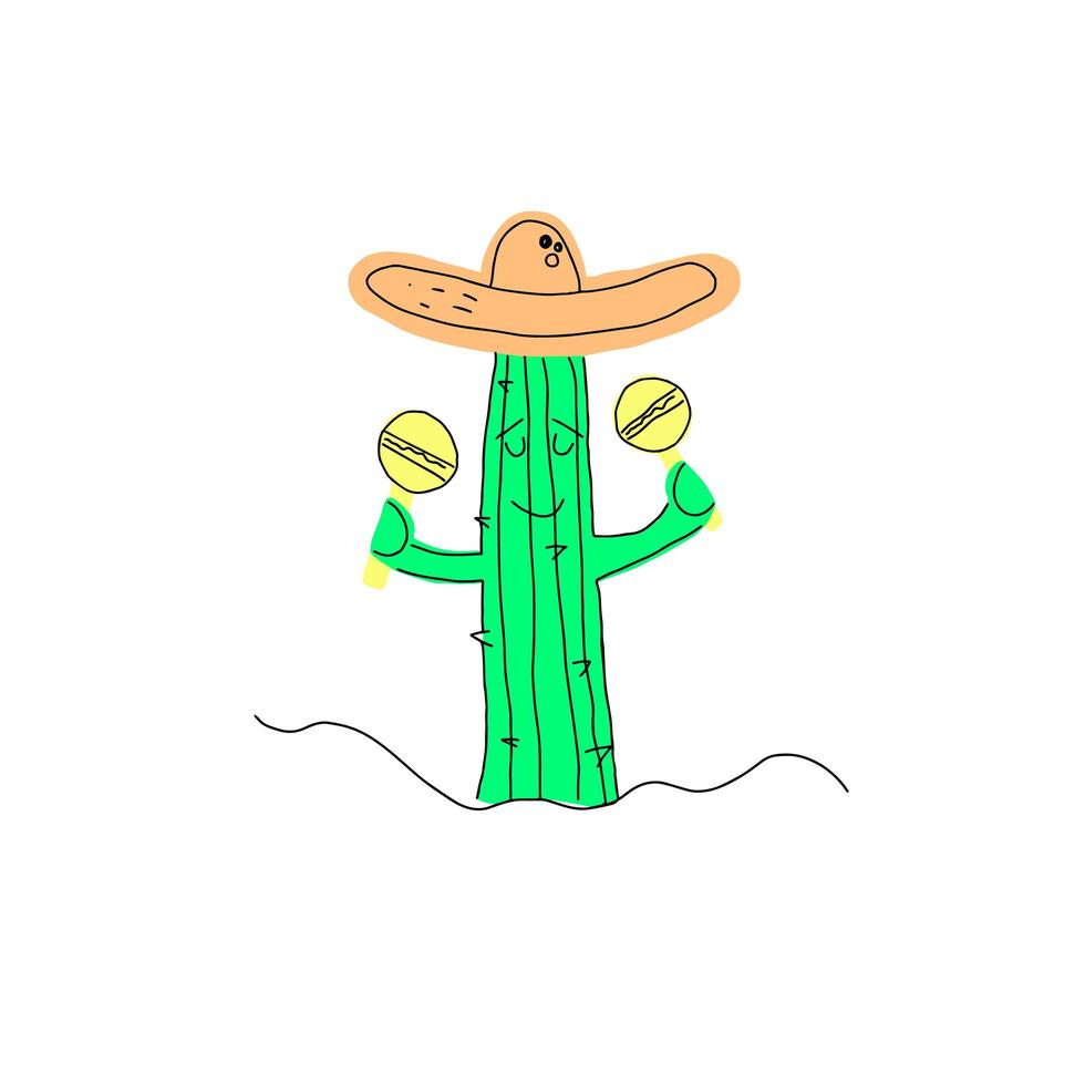 Cute cactus in mexican hat and maracas vector cartoon character.