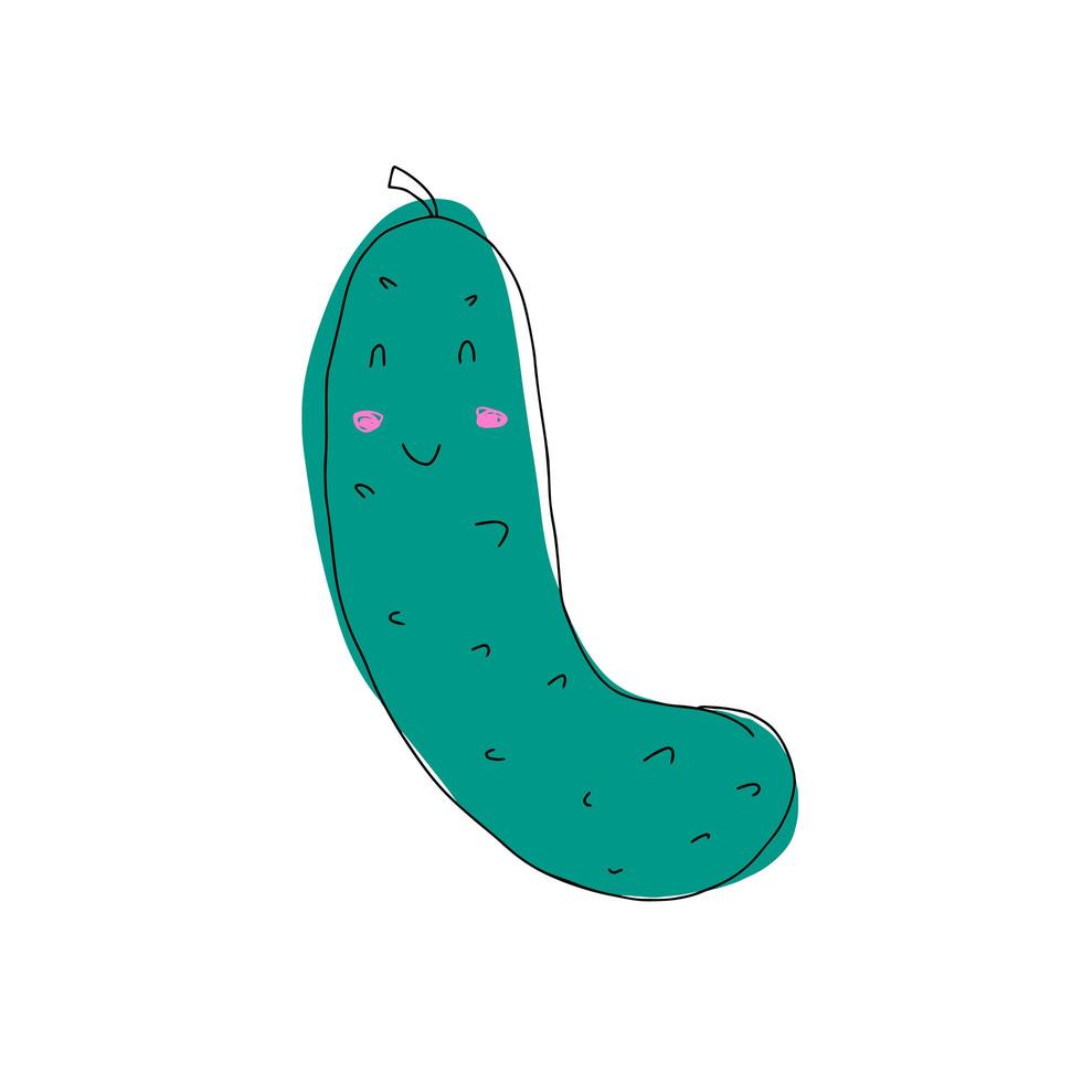 Cute funny cartoon cucumber. Smiling pickle character. Vector