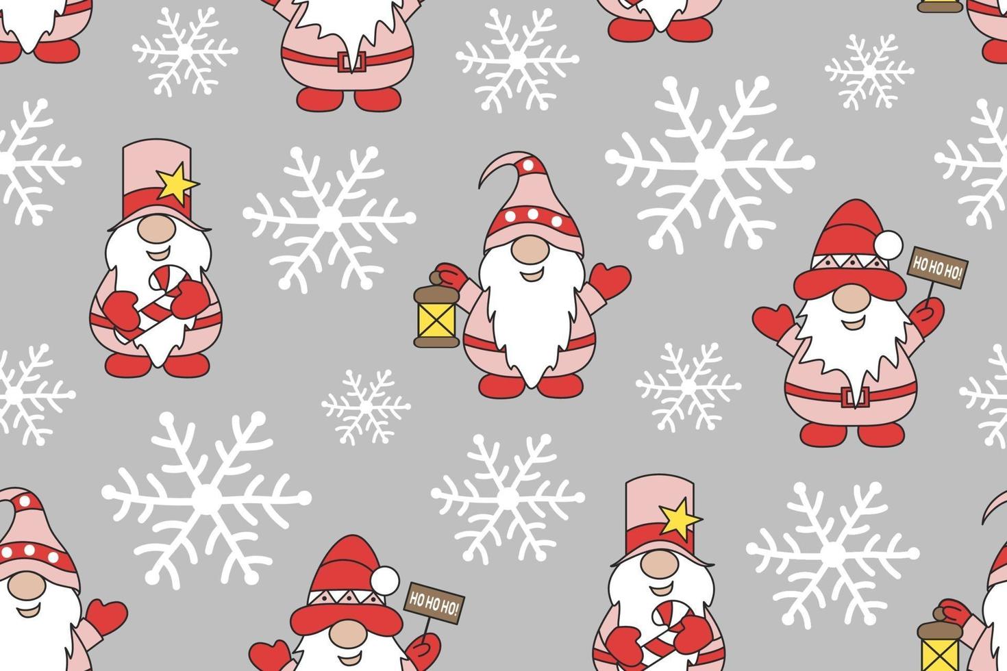 Christmas seamless pattern with gnomes and snowflakes. vector