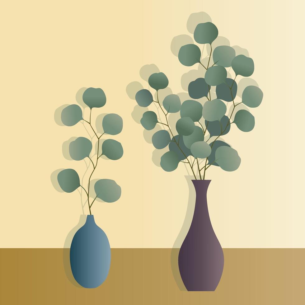 eucalyptus plants in vases vector illustrations