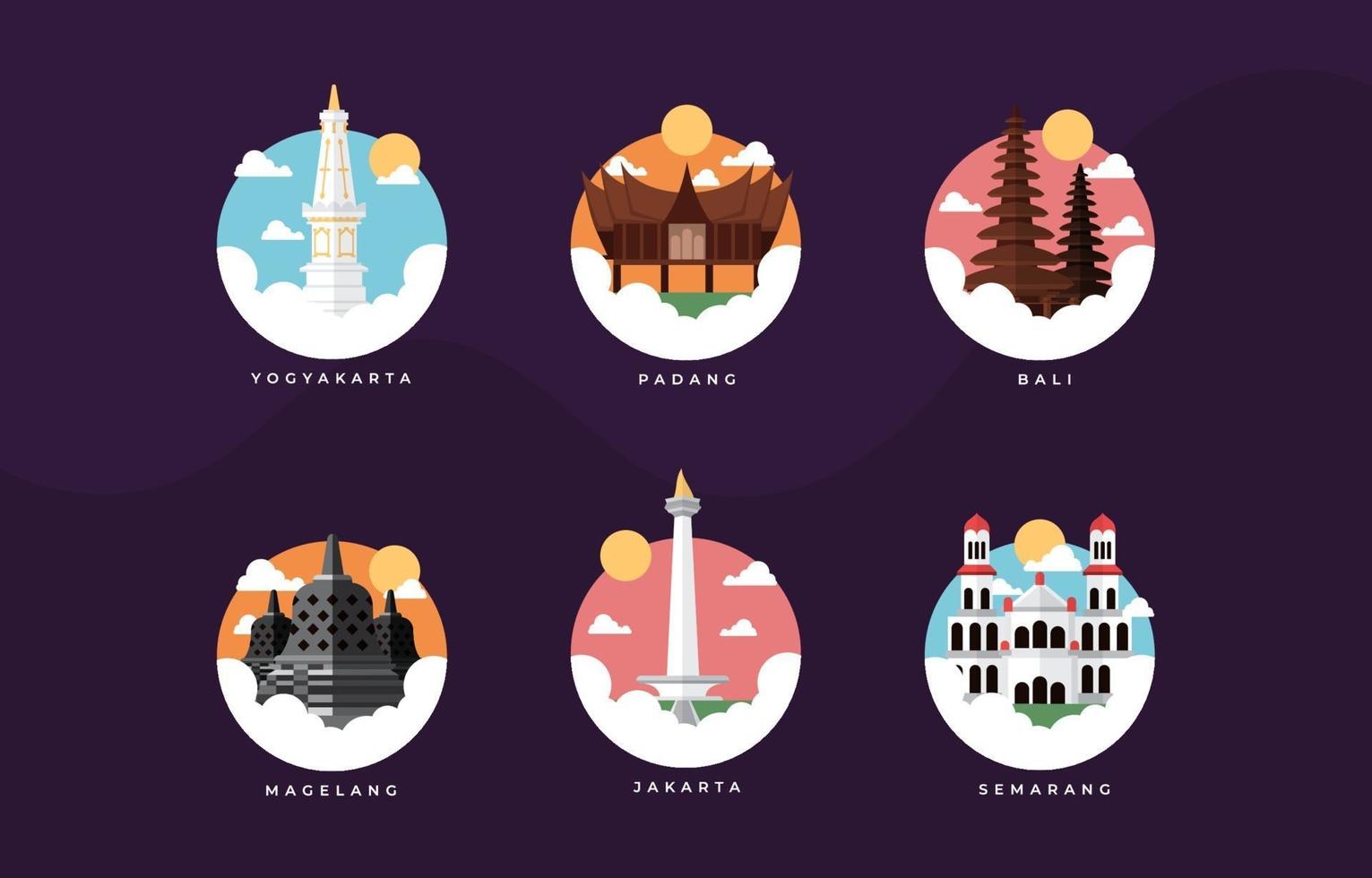 Indonesia Landmark Set Flat Icon vector