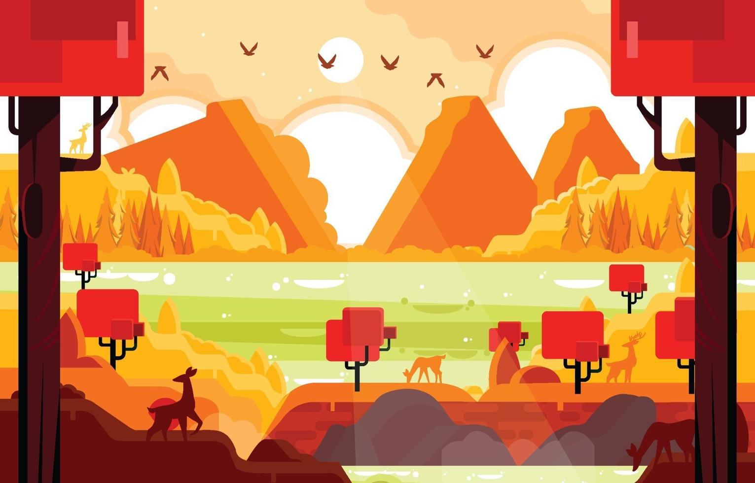 Magical Jungle with River and Mountain Deer Background vector