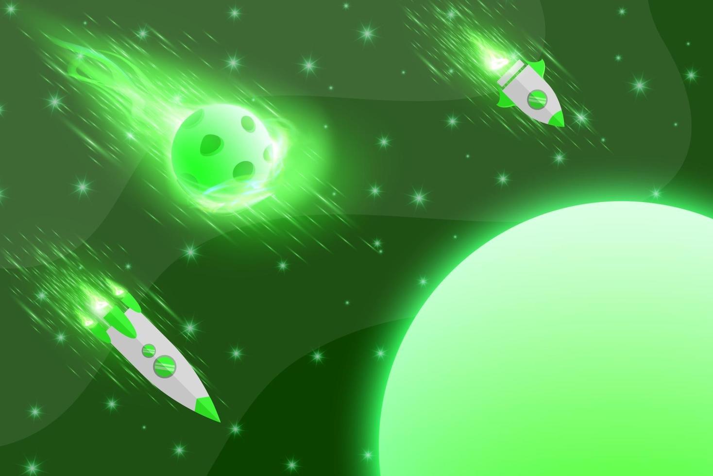 Green planet background vector meteor asteroid rocket plane galaxy