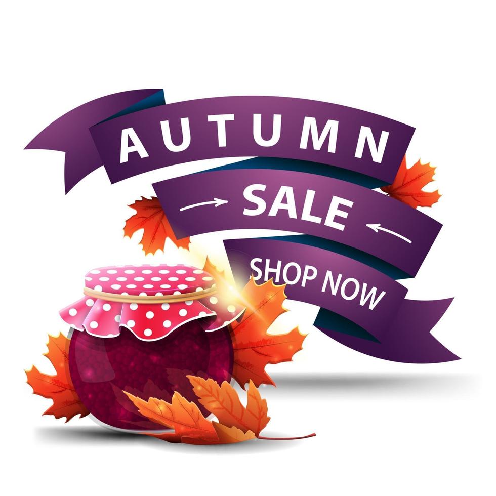 Autumn sale, discount clickable web banner with jar of jam vector