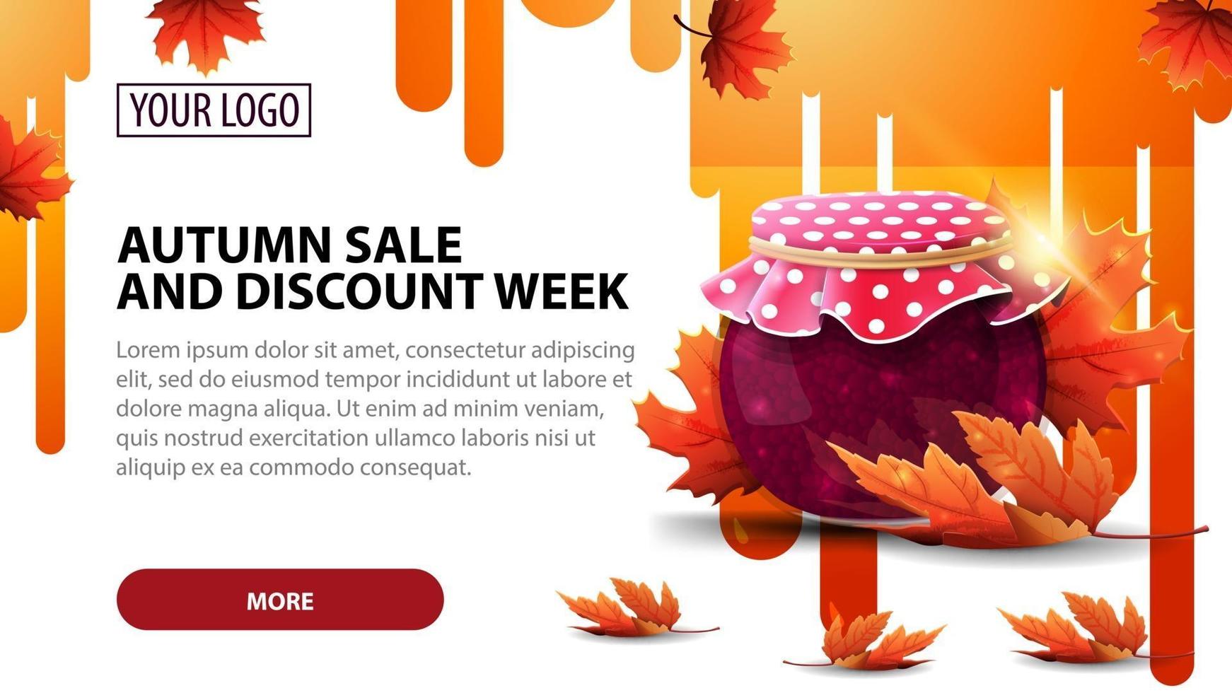 Autumn sale and discount week, banner with jar of jam and maple leaves vector