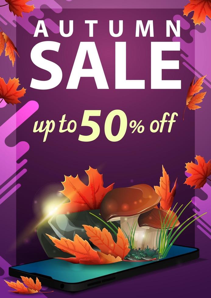 Autumn sale, discount vertical banner with smartphone, mushrooms vector