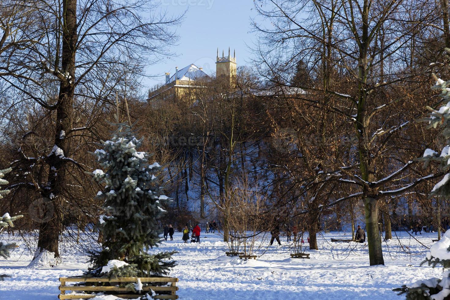 The largest Park in Prague Stromovka in the snowy Winter photo
