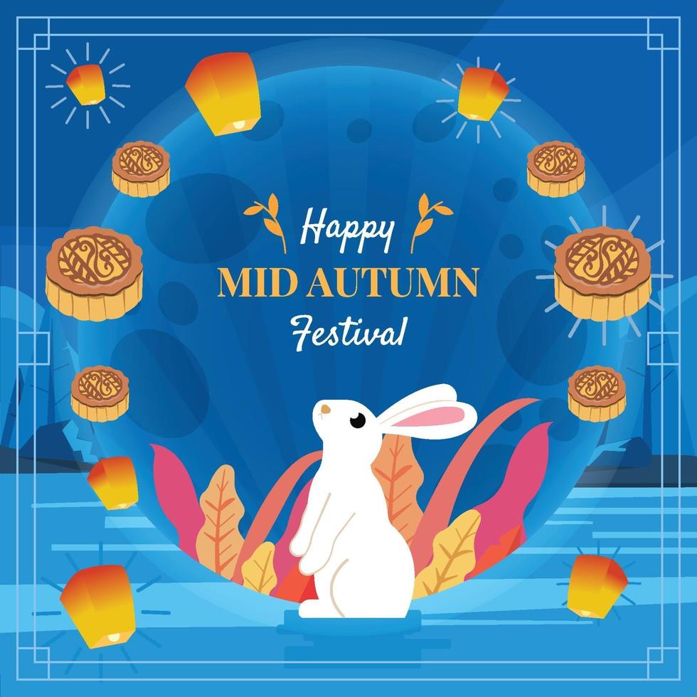 Rabbit and Moon Cake Elements of Mid Autumn Festival vector