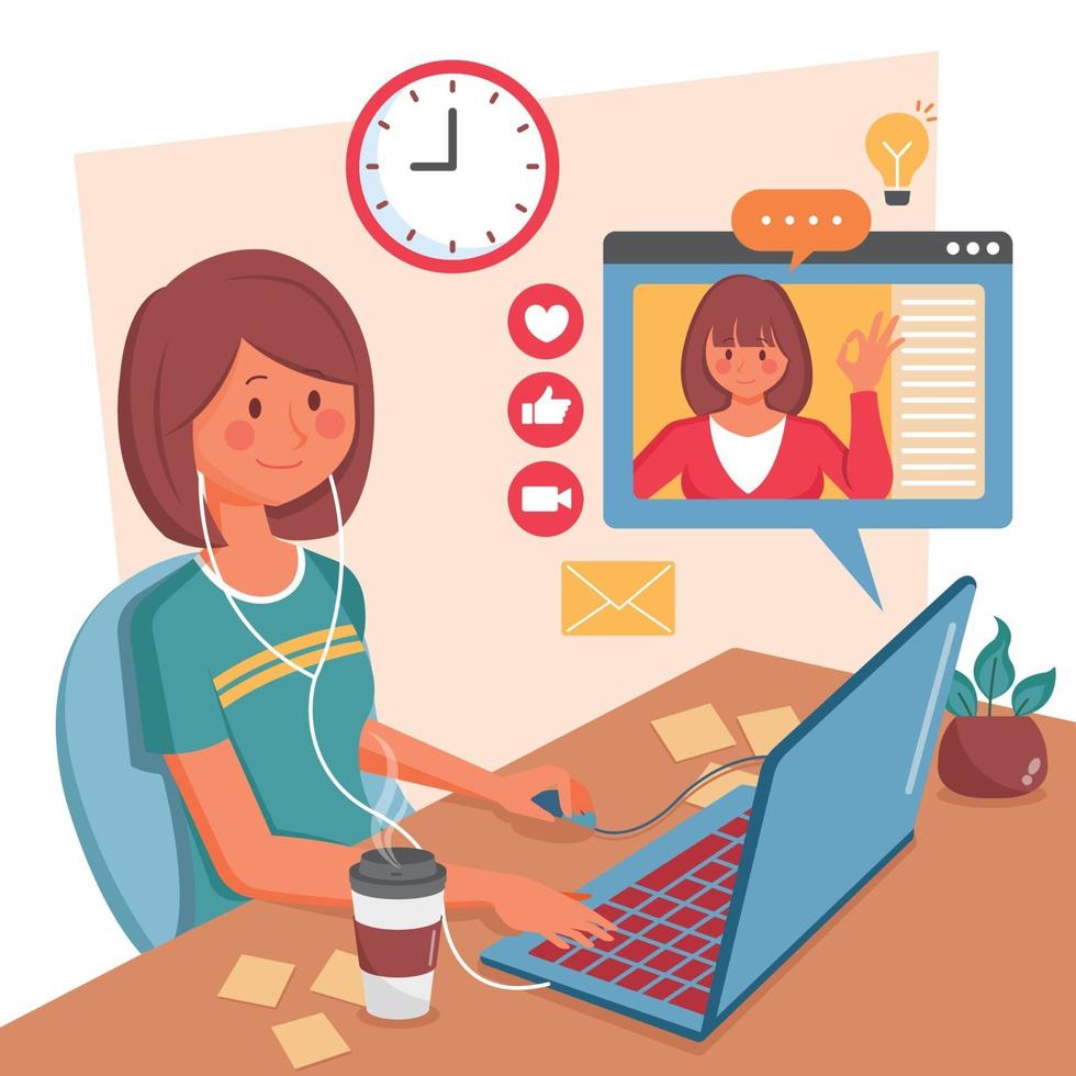 Woman Doing Work From Home Through Laptop vector