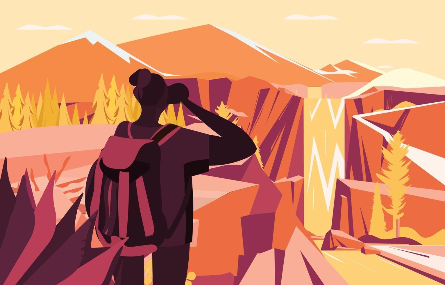 Hiker Take Photos of Mountain and Waterfall Concept vector