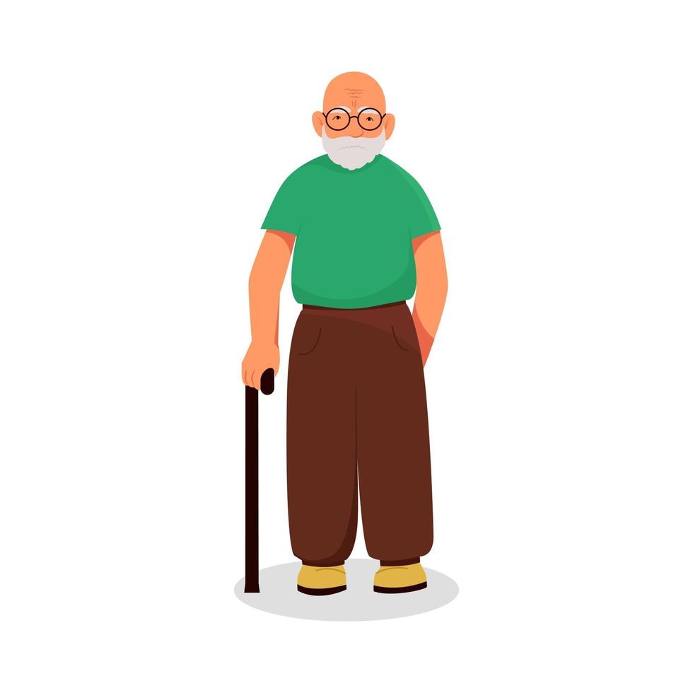 Old man with glasses and with a stick in his hand, vector Flat design