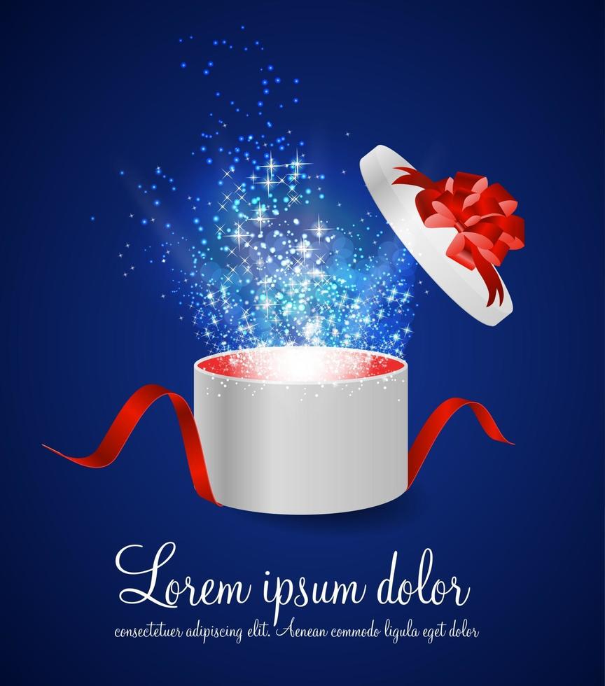 Open Gift Box with Ribbon and Magic Light Fireworks Vector Illus