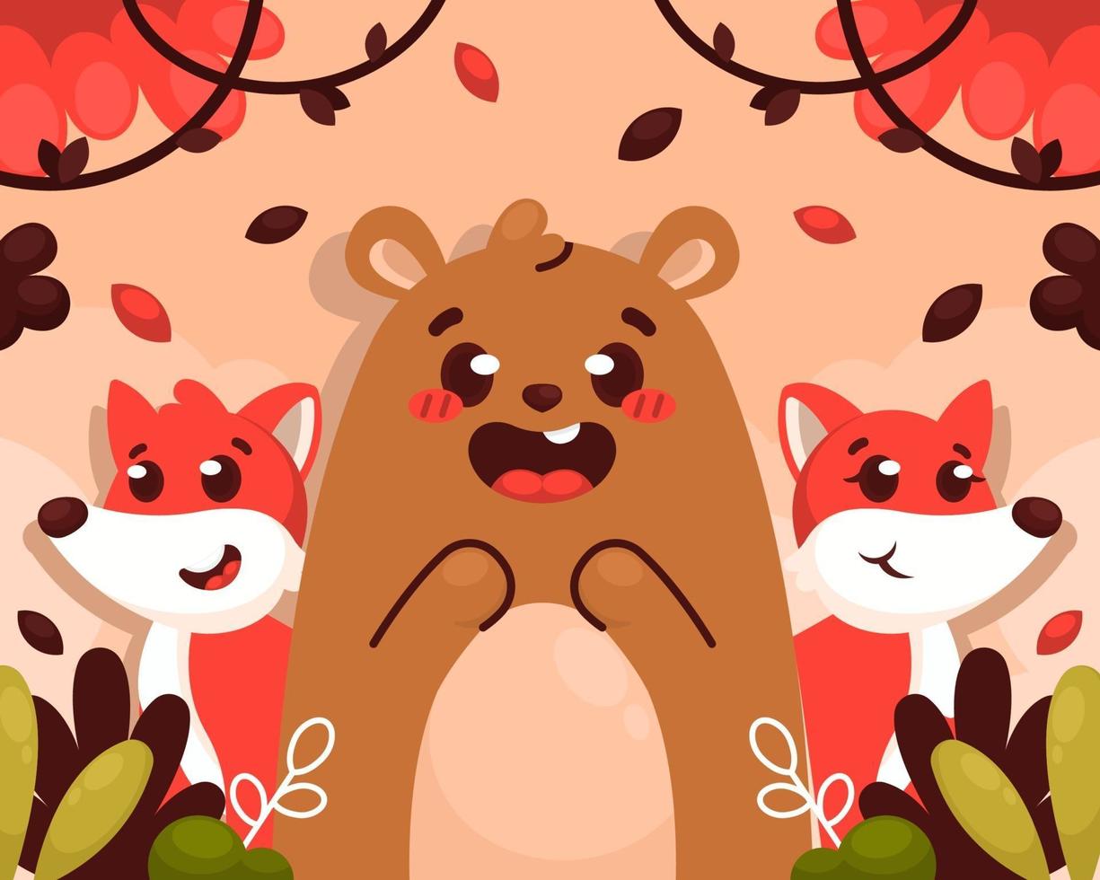 Autumn Nature with Bear and Fox vector