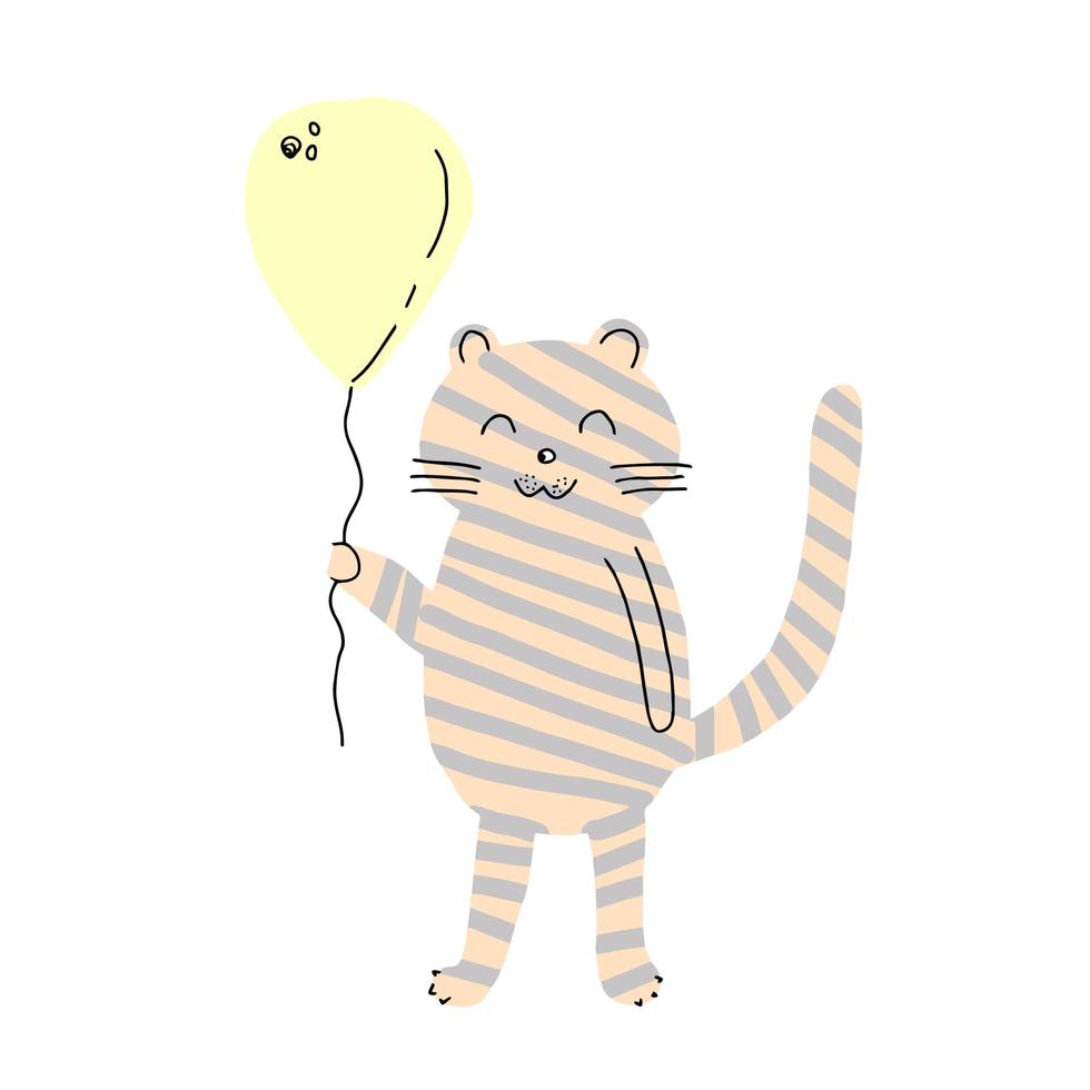 Hand drawn cute tiger floating with balloon cartoon mascot. vector