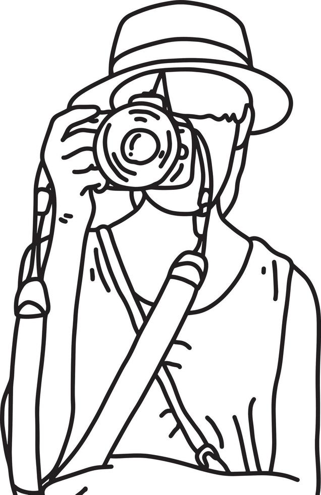 Woman tourist taking photos vector illustration sketch