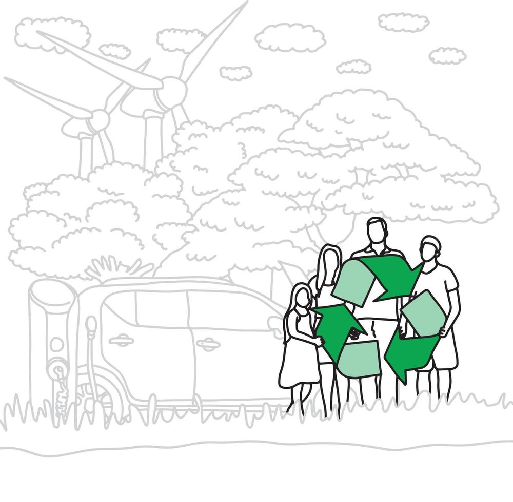 family people holding green recycle sign in the park vector