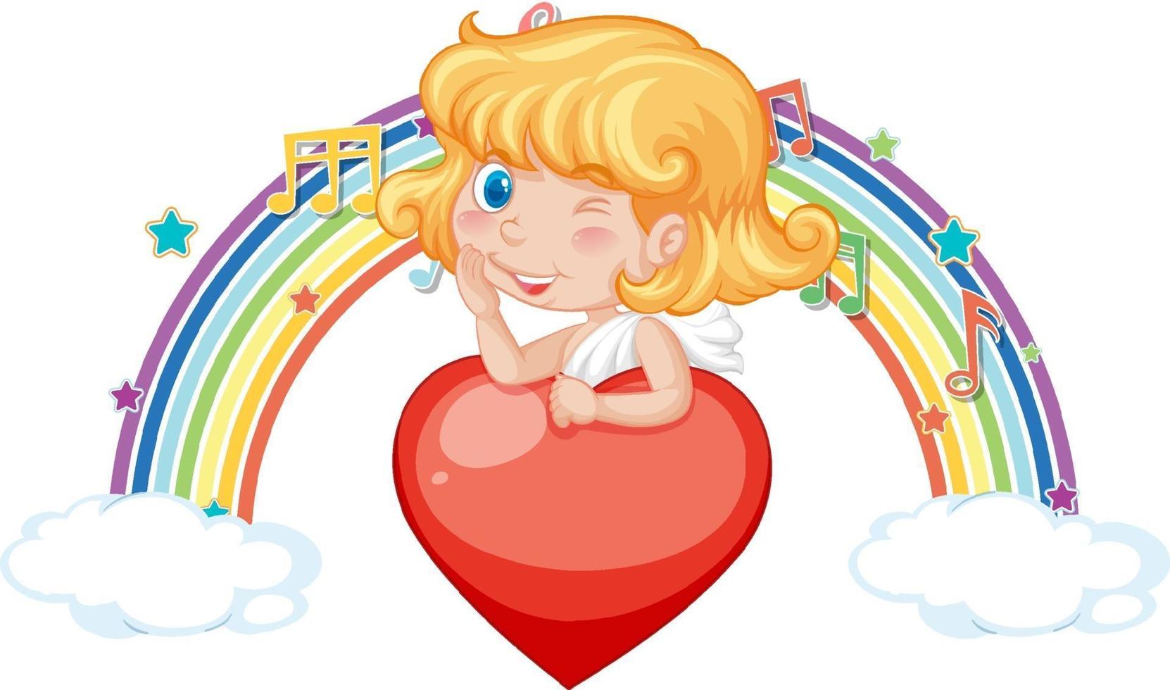 Cupid girl holding heart with melody symbols on rainbow vector